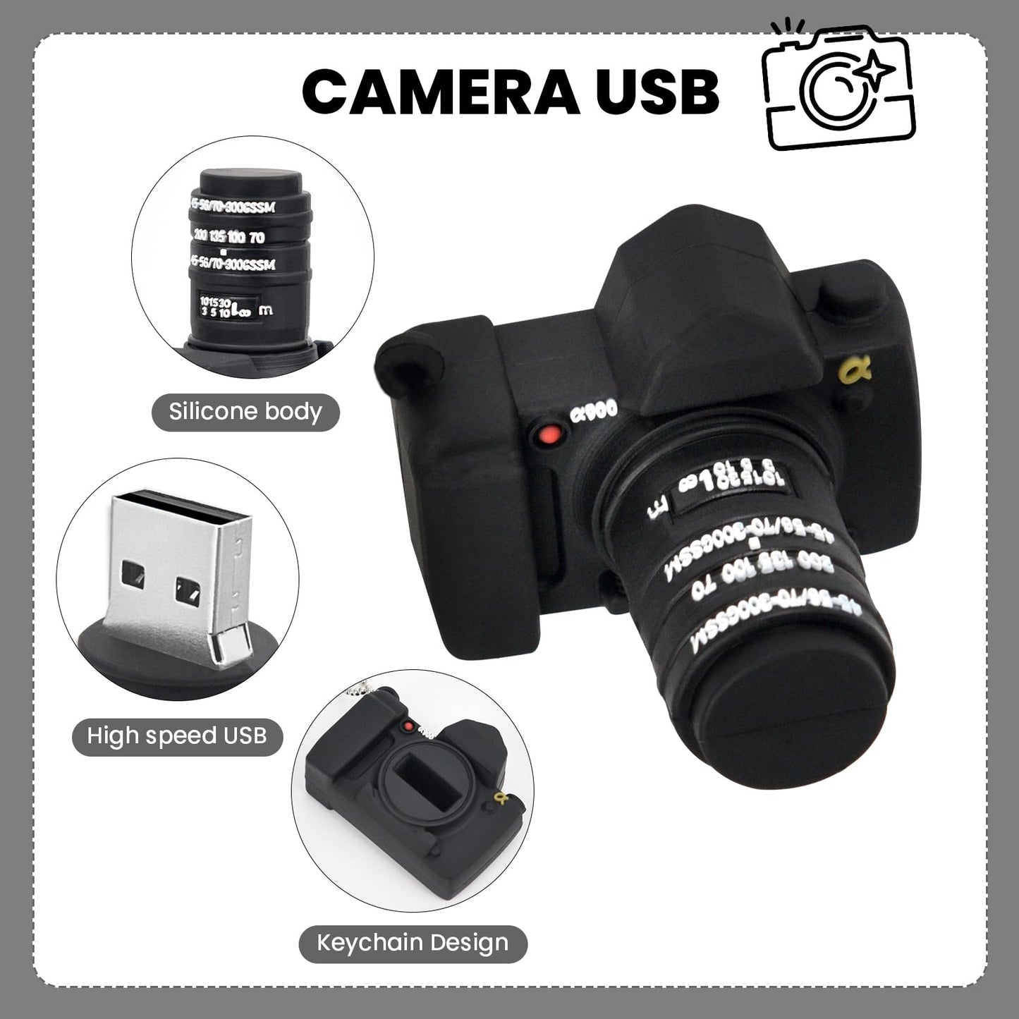 Novelty Cute Cartoon USB 2.0 Flash Drive Data Storage Memory Stick Camera Shape USB Stick Pendrive Gift (16GB, Camera Black)