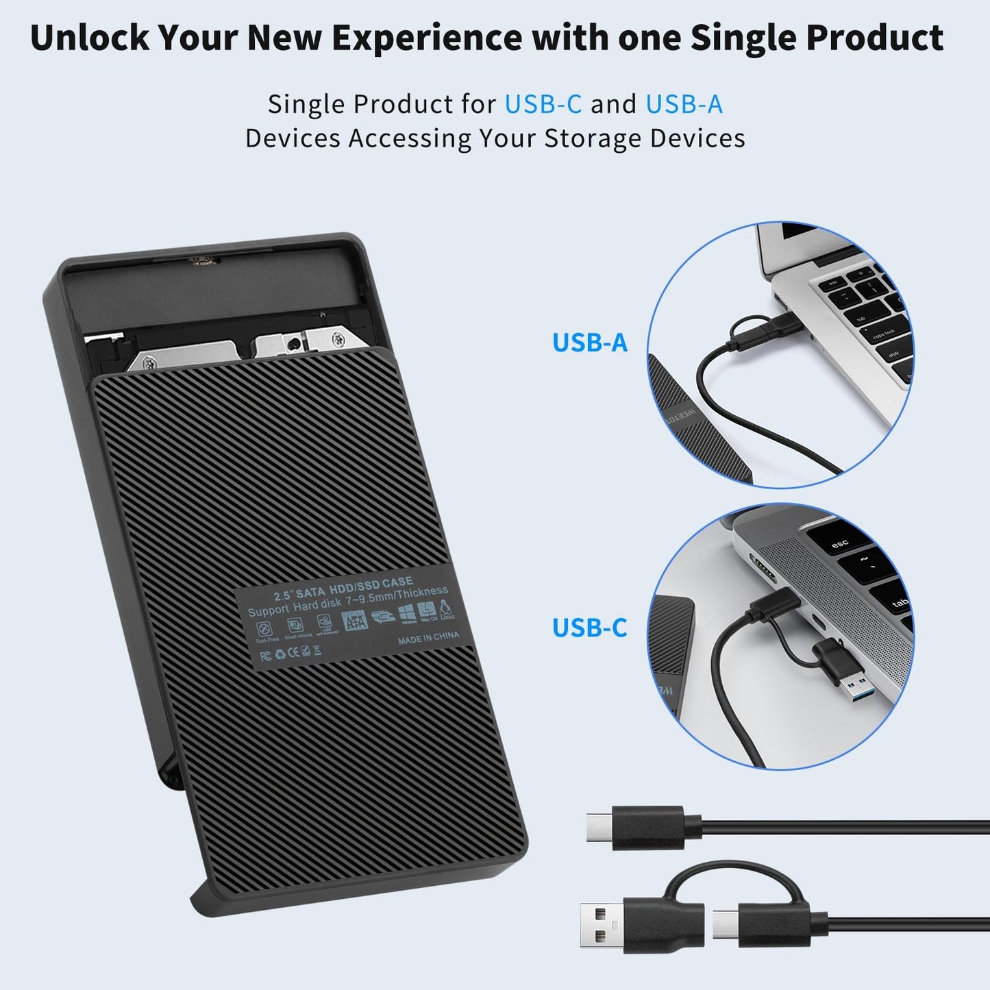 USB-C External Hard Drive Enclosure 2.5'' HDD SSD for sata - WEETOTUNG 6Gbps Tool-Free Case Compatible with UASP Drive - for 7mm 9.5mm Drive