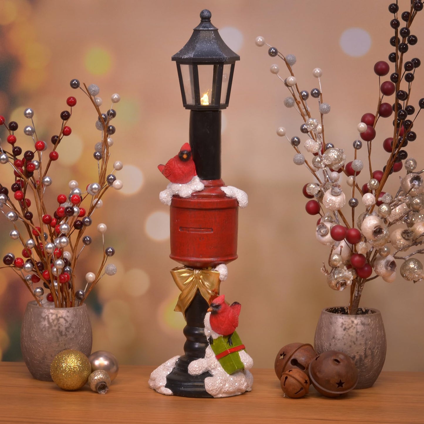 Mark Feldstein & Associates Resin Mailbox Lamp Post with Cardinals Figurine Holiday Decor with Built in LED Light, 15 Inch