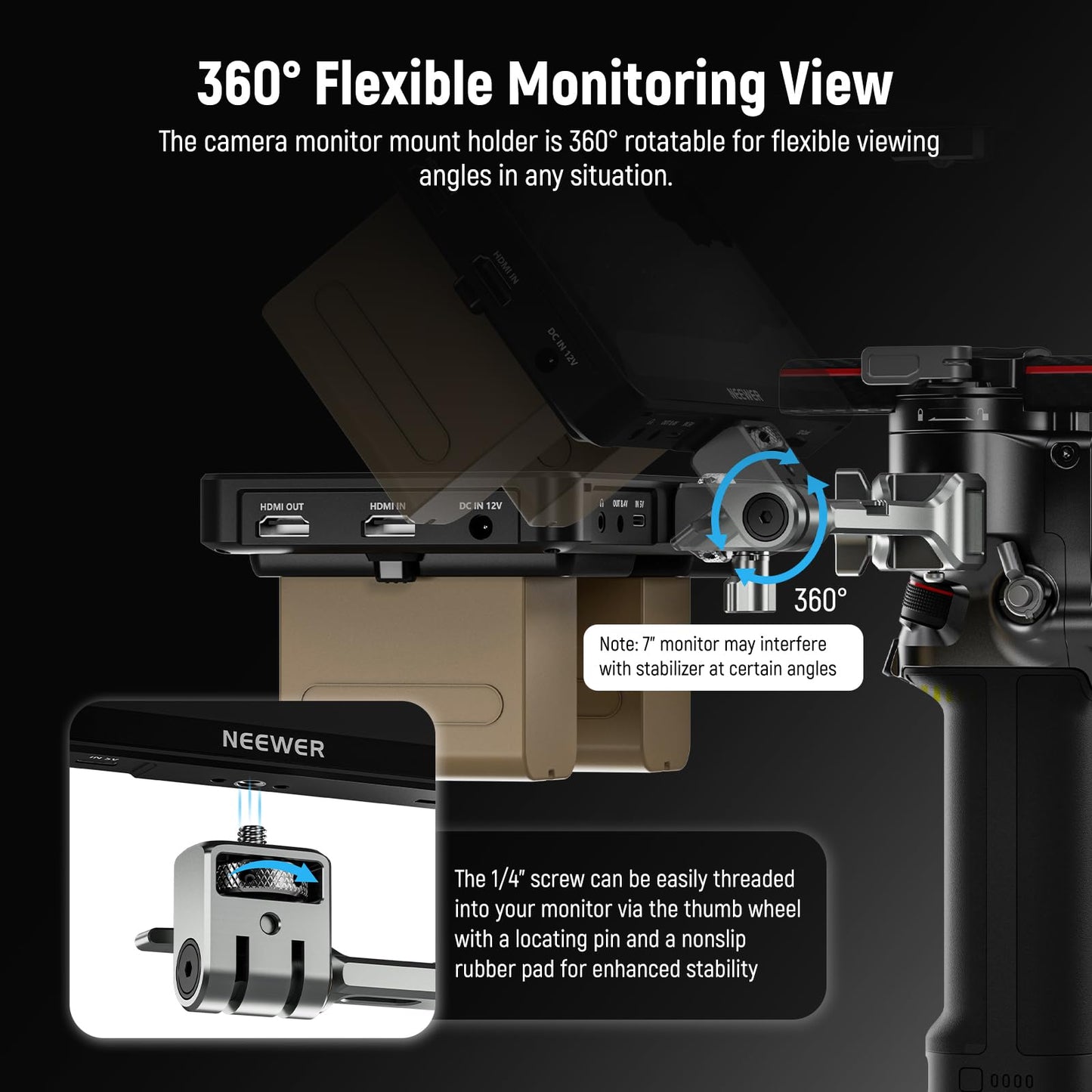 NEEWER NATO Monitor Mount for RS Gimbal, 360° Rotatable Field Monitor Holder with NATO Clamp Cold Shoe 1/4" Threads Compatible with DJI RS5 RS4 RS4