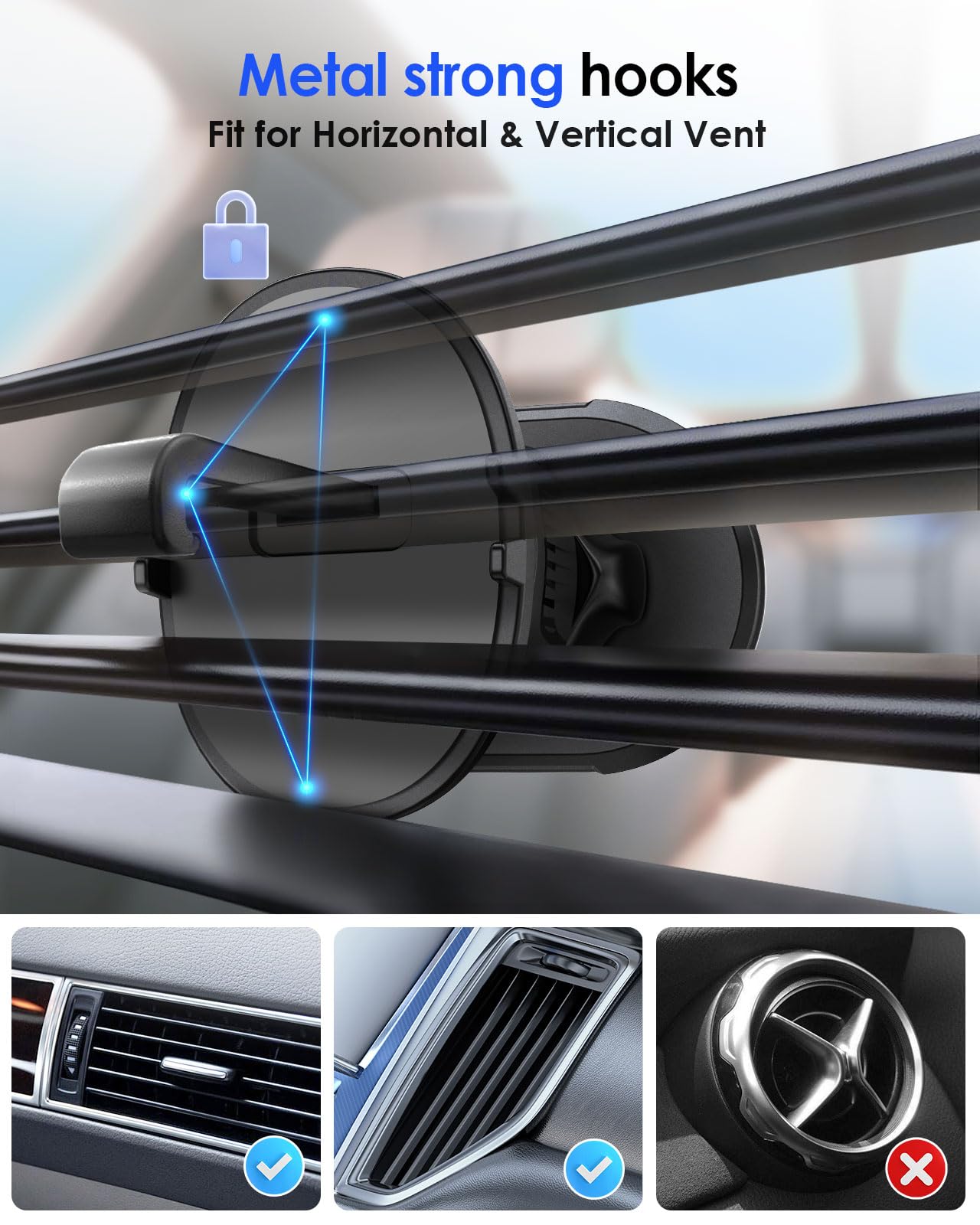 volport Magnetic Phone Mount for Car Vent: [Strong Magnet Clip Hook] Air Vent Holder for iPhone 16/15/14/13/12 Pro Max Plus Samsung S24 Ultra S24+ All
