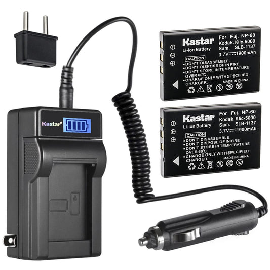 Kastar 2-Pack NP-60 Battery and LCD AC Charger Compatible with Vivitar Video Cameras DVR-840XHD DVR-565HD DVR-390H DVR-530 DVR-545 DVR-550 DVR-550G