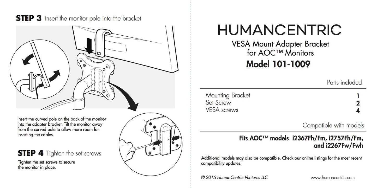 HumanCentric VESA Mount Adapter Bracket Compatible with AOC i2367Fh/Fm/F, i2757Fh/Fm, i2067f, and i2267Fw/Fwh