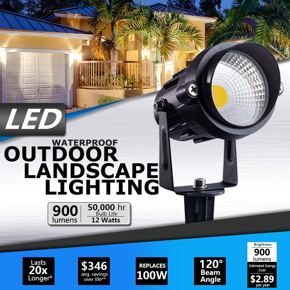 SUNVIE Outdoor Landscape LED Lighting 12W Waterproof Garden Lights COB Led Spotlights with Spiked Stand for Lawn Decorative Lamp US 3- Plug 3000K Warm