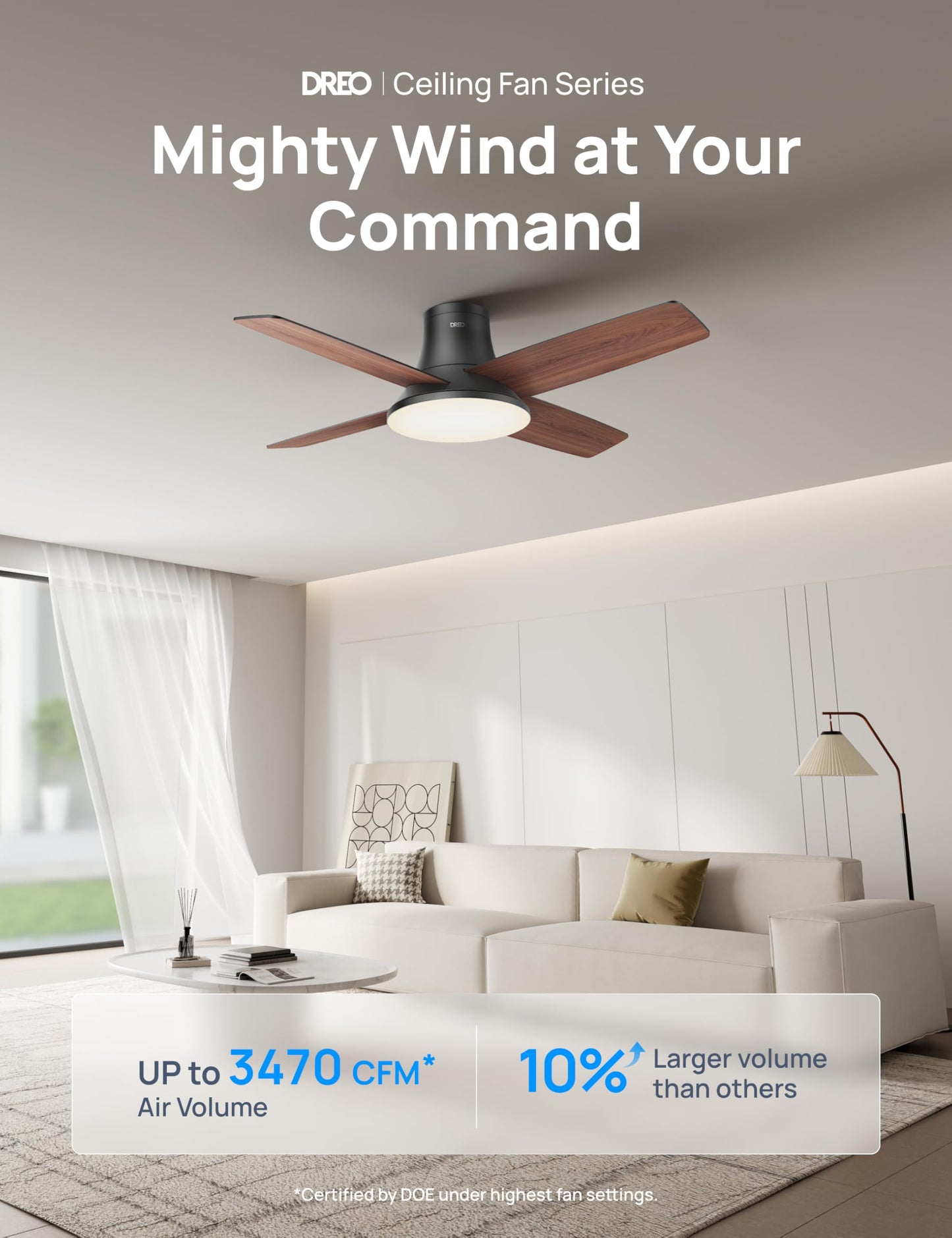 DREO Smart Flush Mount Ceiling Fan with Lights and Remote, 44 Inch, Bedroom