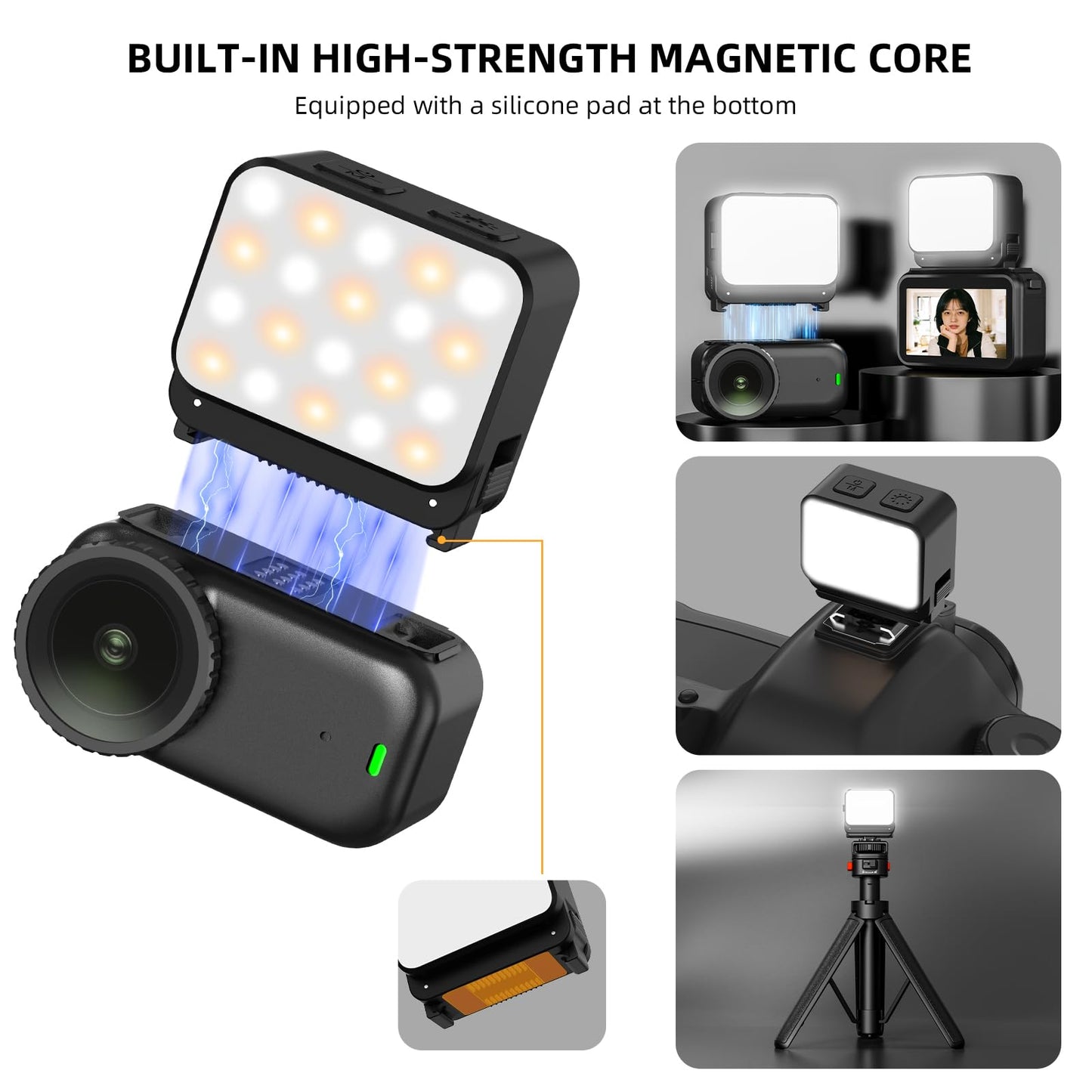BRDRC Action 6 Magnetic Mini LED Fill Light, Photography Fill Video Lighting with Quick-Release Cold Shoe Adapter, 3 Color Modes, 4 Levels Brightness