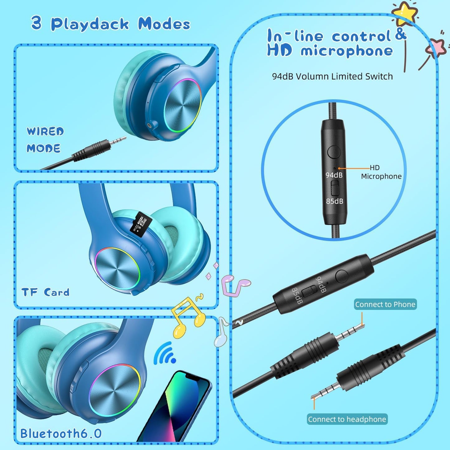 Candy Bila Kids Bluetooth 6.0 Headphones with LED Light, 85Hours Playtimes, Type-C Fast Charging, 85/94dB Volume Limited, Comfort Wireless Headphones…