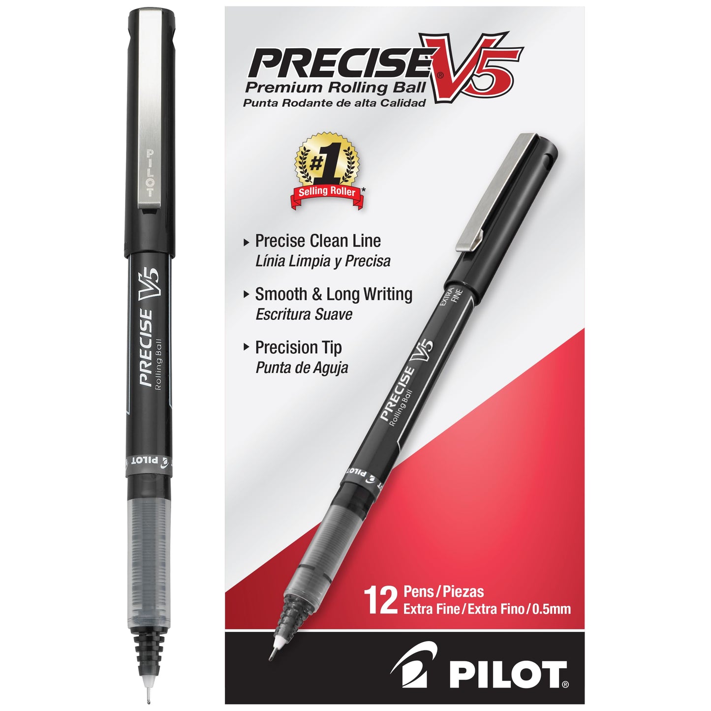 Pilot Precise V5 Rollerball Pens, Extra Fine Point 0.5 mm Black Pens, Black, Pack of 12 - Ideal for School, Journaling & Office Writing