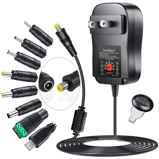 SoulBay 36W Universal AC Adapter 3V 4.5V 5V 6V 7.5V 9V 12V Multi Voltage Switching DC Power Supply Transformer with 8 Adapters for Household…