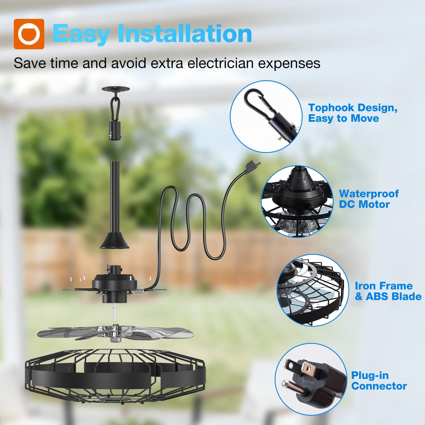 addlon 20" Outdoor Ceiling Fan without Light, IP65 Plug in Hanging Fan
