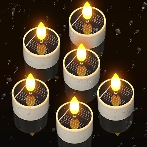Yme Solar Tea Lights Outdoor Waterproof, 6 Pack Small Rechargeable Flameless LED Flickering Solar Candles with Dusk to Dawn Sensor, Votive Lights
