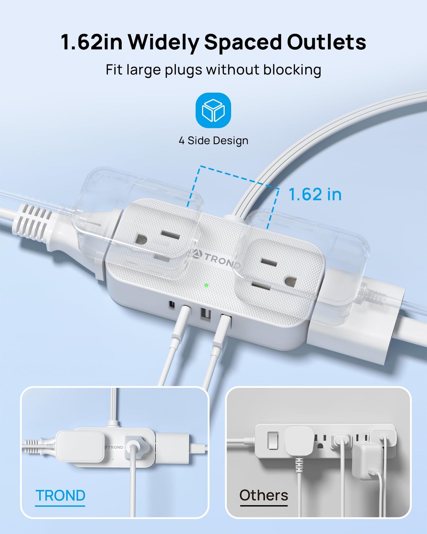 TROND Flat Plug Power Strip 5FT, Small Flat Extension Cord with Multiple Outlets, 4 AC and 4 USB Ports (2 USB C), Wall Mount 900J Surge Protector