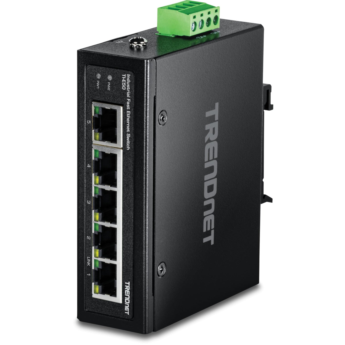 TRENDnet 5-Port Industrial Fast Ethernet DIN-Rail Switch, TI-E50, 5 x Fast Ethernet Ports, IP50 Rated, Extreme Temperature Operating Range, 1Gbps