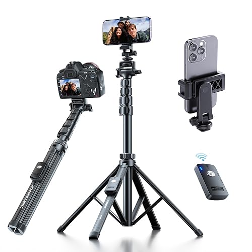 Fugetek 62" Professional Cell Phone Tripod, Ultra Stable 4 Leg Design, Bluetooth Remote, 100% All Aluminum Stick & Legs, Portable All in One, 360°
