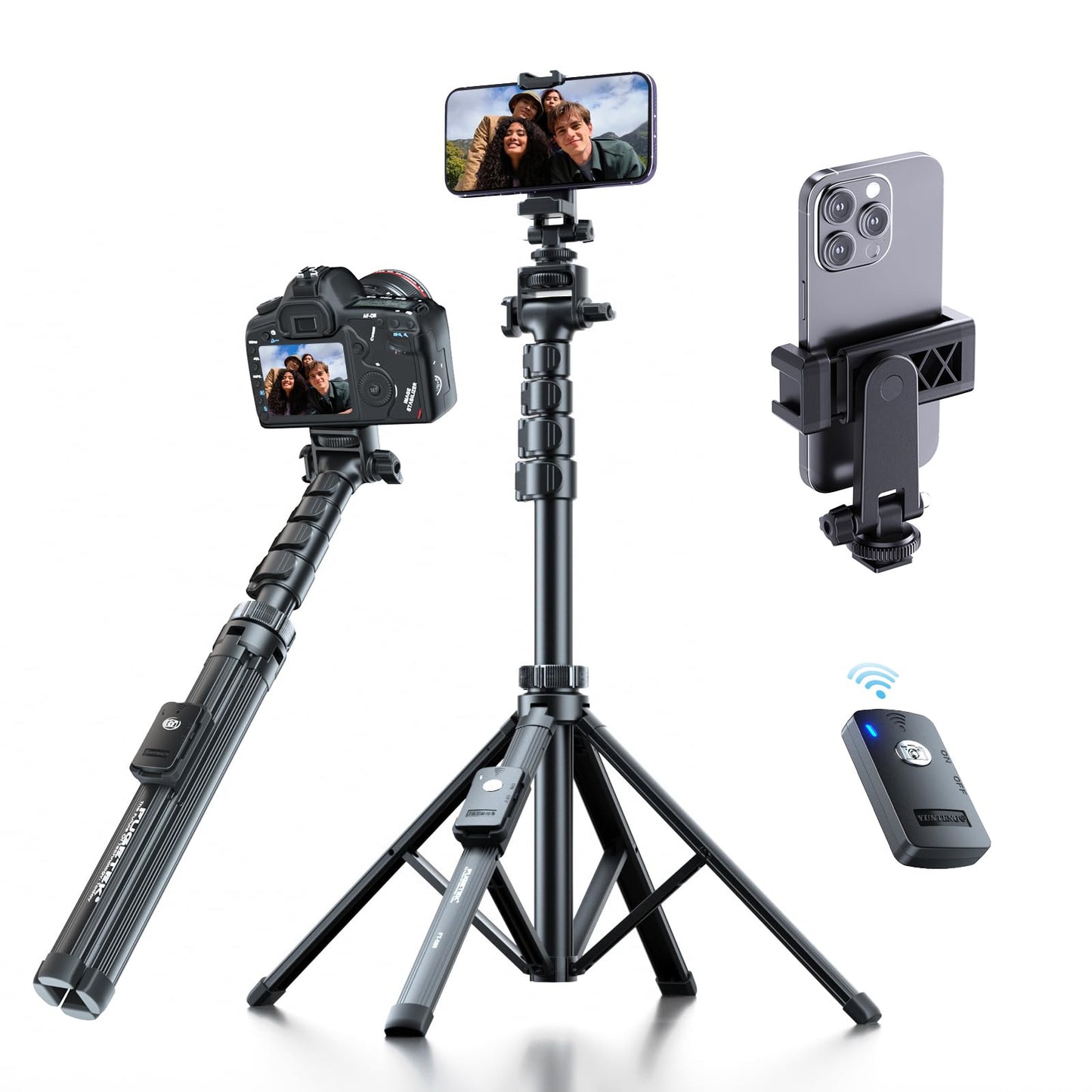 Fugetek 62" Professional Cell Phone Tripod, Ultra Stable 4 Leg Design, Bluetooth Remote, 100% All Aluminum Stick & Legs, Portable All in One, 360°