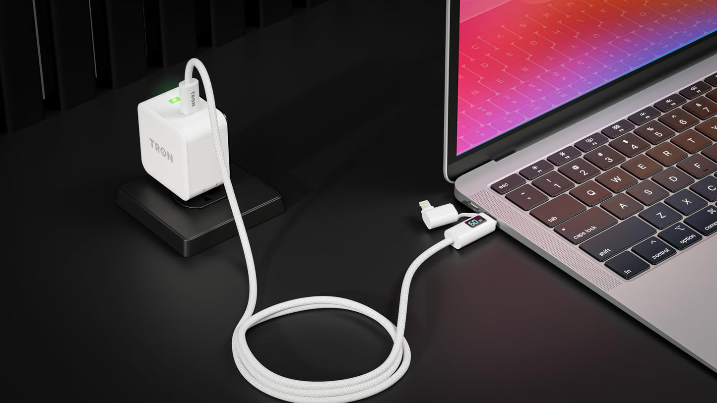 Tron 25W USB-C Power Adapter with 5FT 2-in-1 brided Cable with Digital Display - Fast Charging Solution for Home, Office, and Travel Use