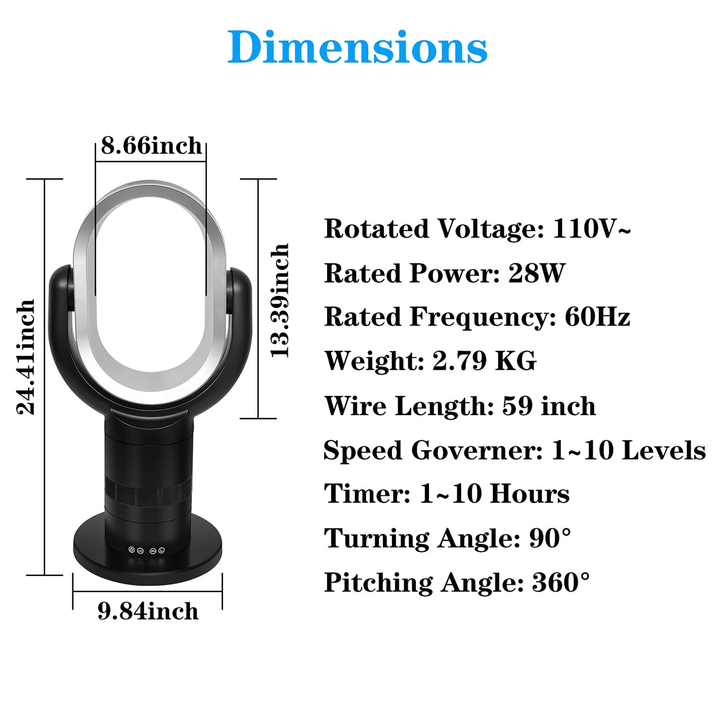 HealSmart Portable Bladeless Tower Fan, 10 Speeds Settings, 10-Hour Timing Closure, Low Noise, Lightweight, 24 Inches, Black