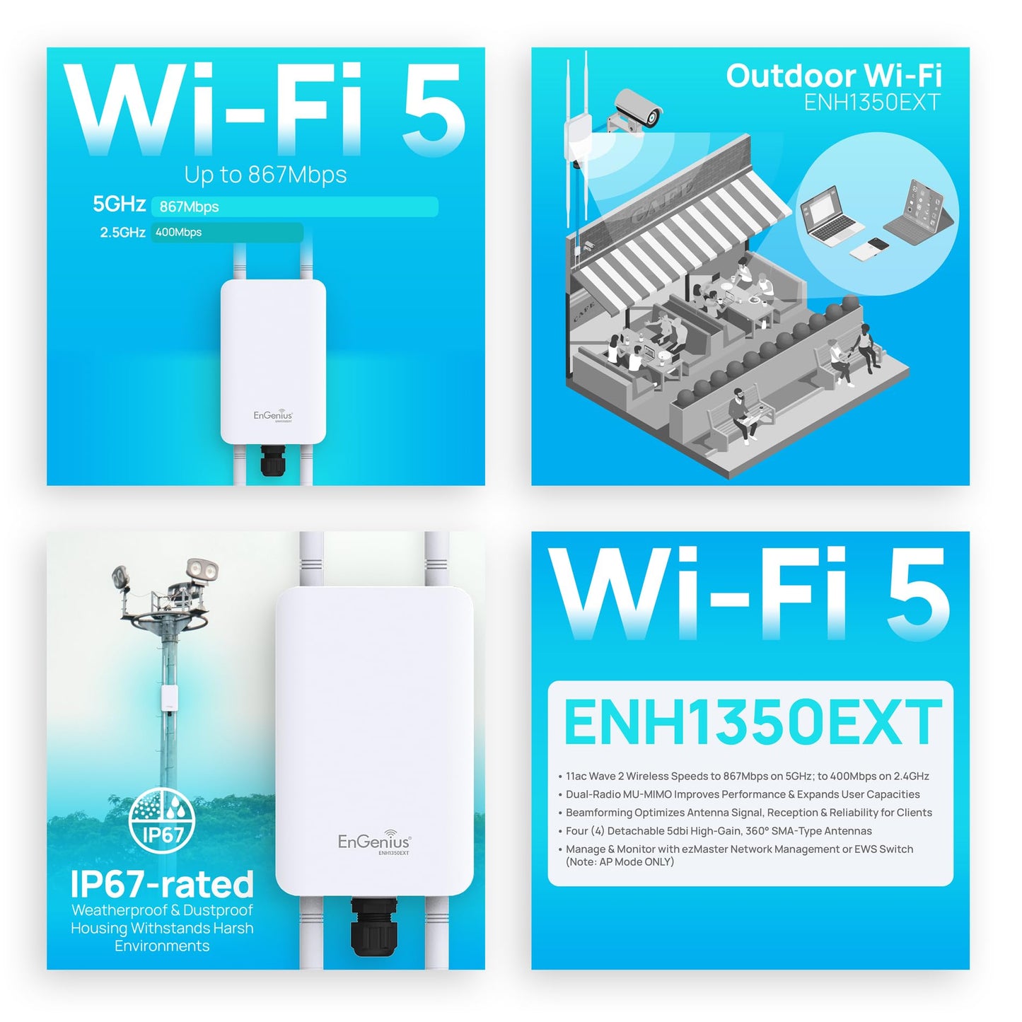 EnGenius ENH1350EXT Wi-Fi 5 AC1300 Outdoor Access Point - IP67 Weatherproof, Dual-Band Long Range Extender, MU-MIMO, PoE Injector & Mounting Kit