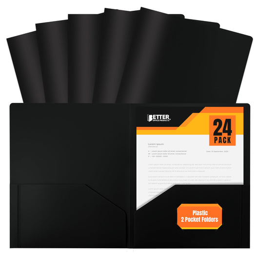 Better Office Products Heavyweight Plastic 2 Pocket Portfolio Folder, Letter Size Poly Folders 24 Pack (Black)