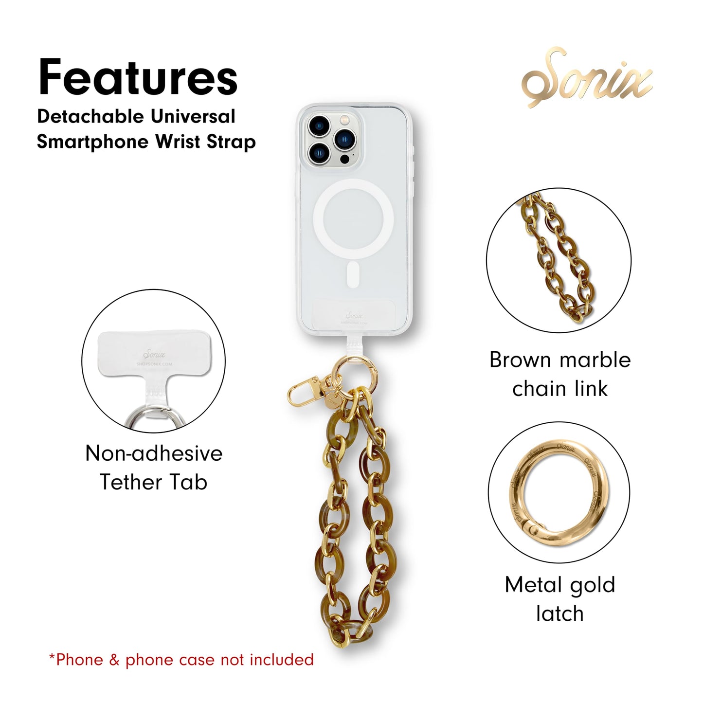 Sonix Phone Wristlet - Detachable Universal Smartphone Wrist Strap, Hands-Free Lanyard Cellphonee Bracelet with Tether Tab | Chain Link | Brown Marble