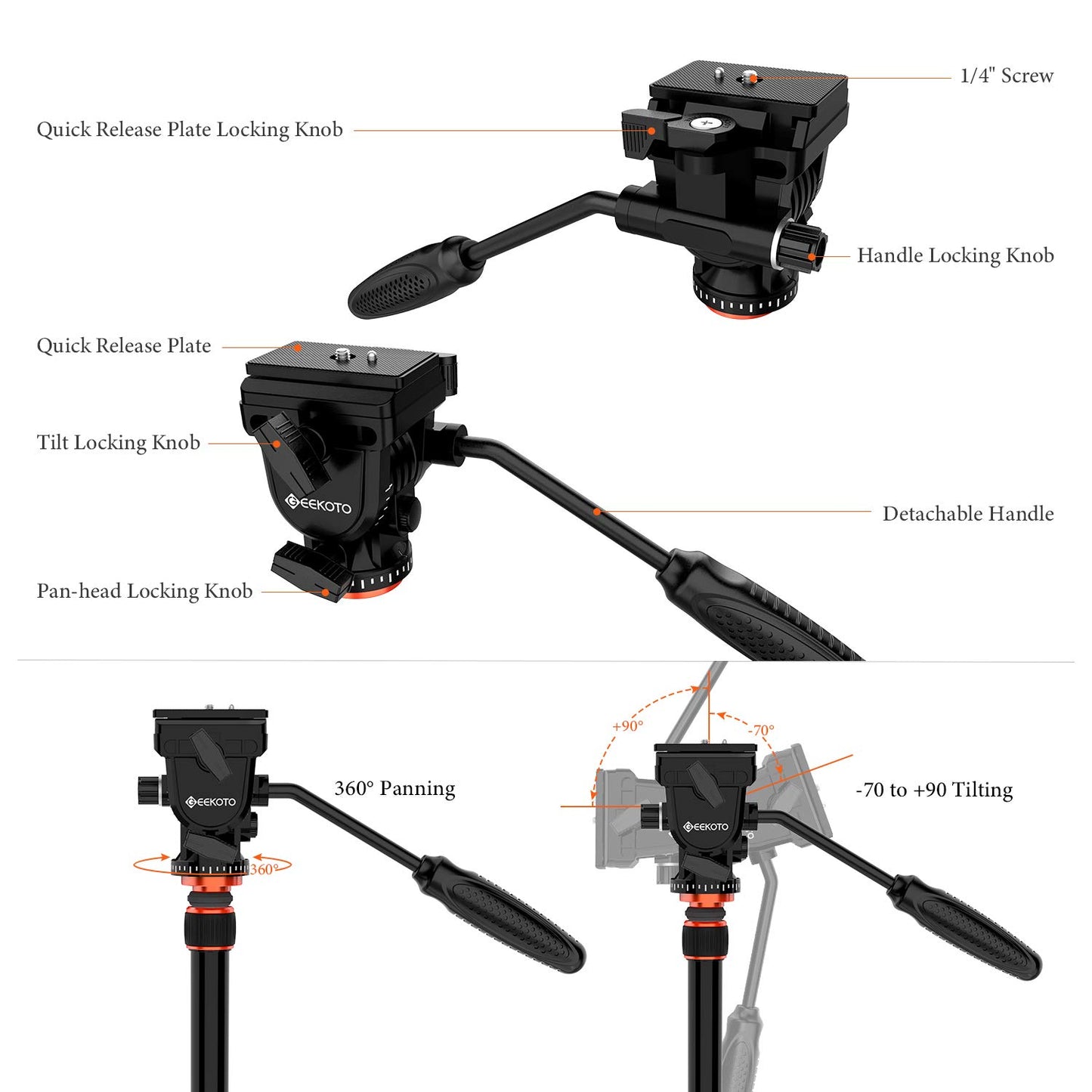 GEEKOTO Video Tripod Fluid Head,Professional Camera Tripod for DSLR,Monopod Aluminum 77" for Video Camcorder Canon Nikon Sony with 1/4" Screws Fluid