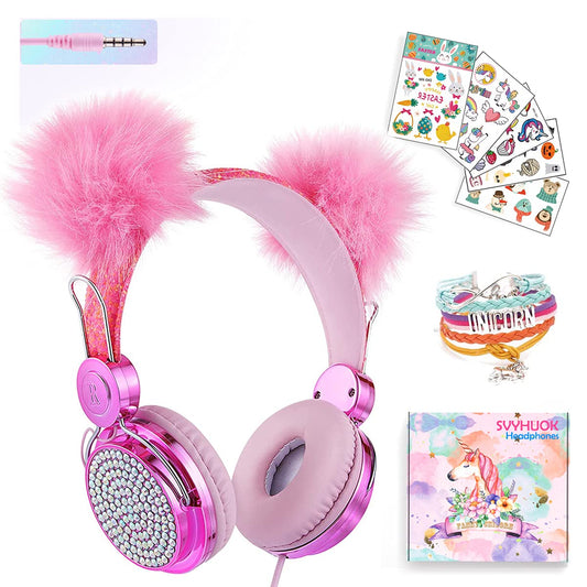 SVYHUOK Girls Pink Pompon Wired Headphones,Cute Cat Ear Kids Game Headset for Teens Tablet Laptop PC,Over Ear Children Headset withMic,for School…