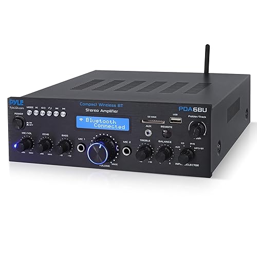 Pyle Wireless Bluetooth Power Amplifier System- 200W Dual Channel Sound Audio Stereo Receiver w/ USB, SD, AUX, MIC IN w/ Echo, Radio, LCD, For Home
