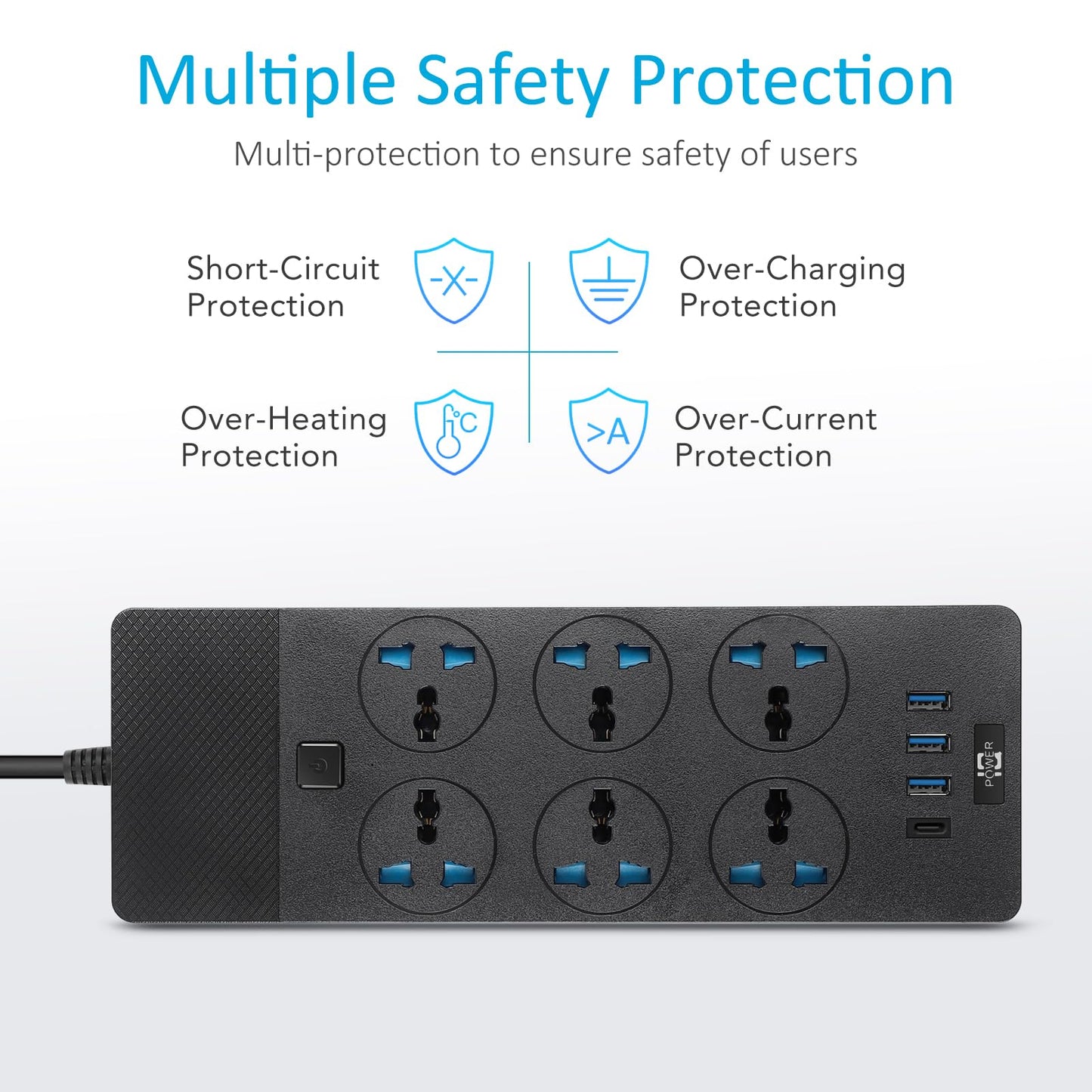 Universal Power Adapter, Jumpso 3000w Power Strip with 4 USB Ports (1 USB C), 6ft Extension Cord with International Outlets, 110-240v, European Travel