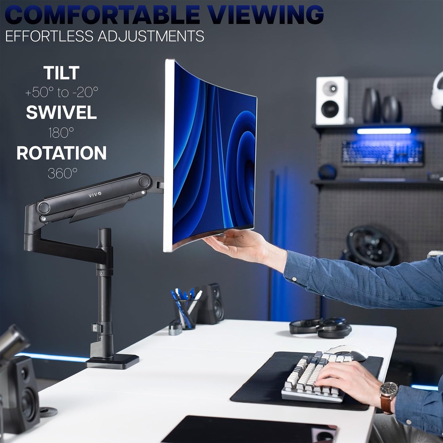VIVO Aluminum Ultrawide Monitor Tension Stand with Extension Pole for up to 49 inch Screens, Holds 44 lbs, Premium Desk Mount Designed for Samsung
