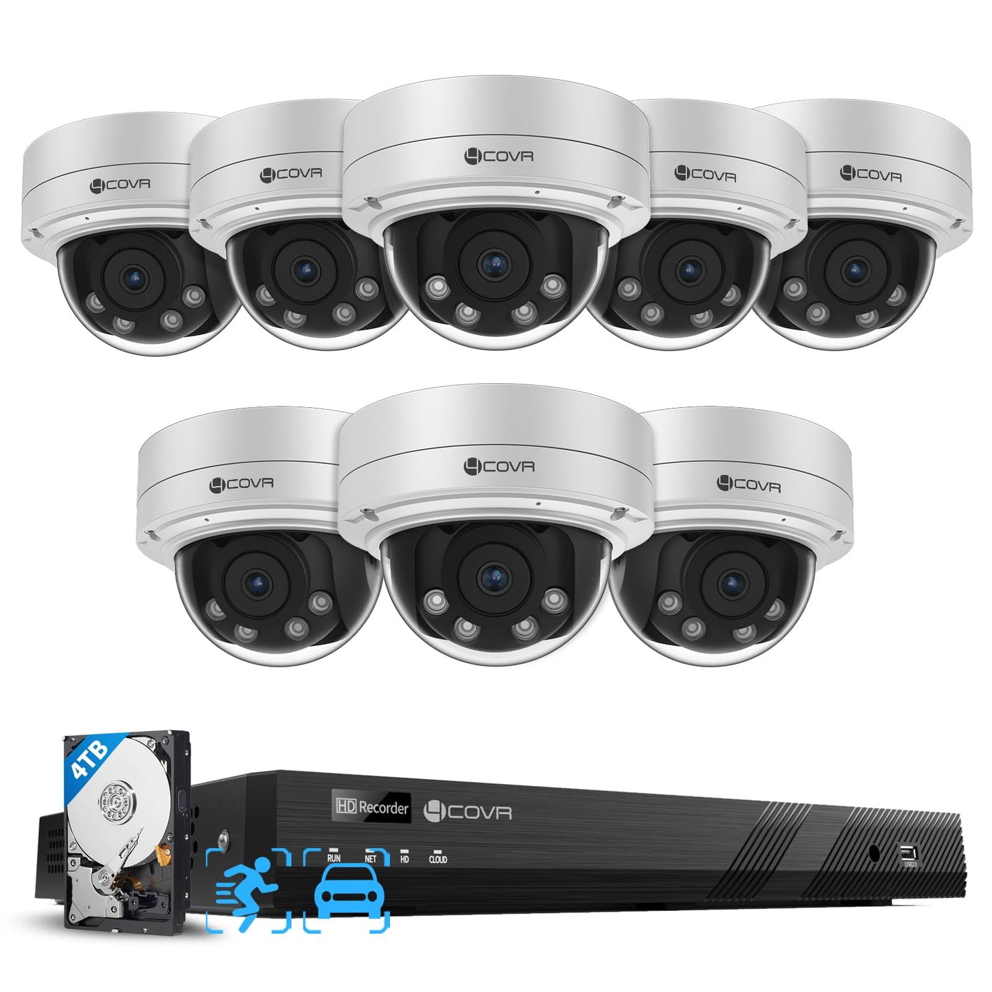4COVR 16 Channel PoE Security Camera System 4K, 8Pcs 5X Optical Motorized Zoom IK10 Vandal-Proof 8MP Wired IP Dome Camera for Business, IP67 & AI