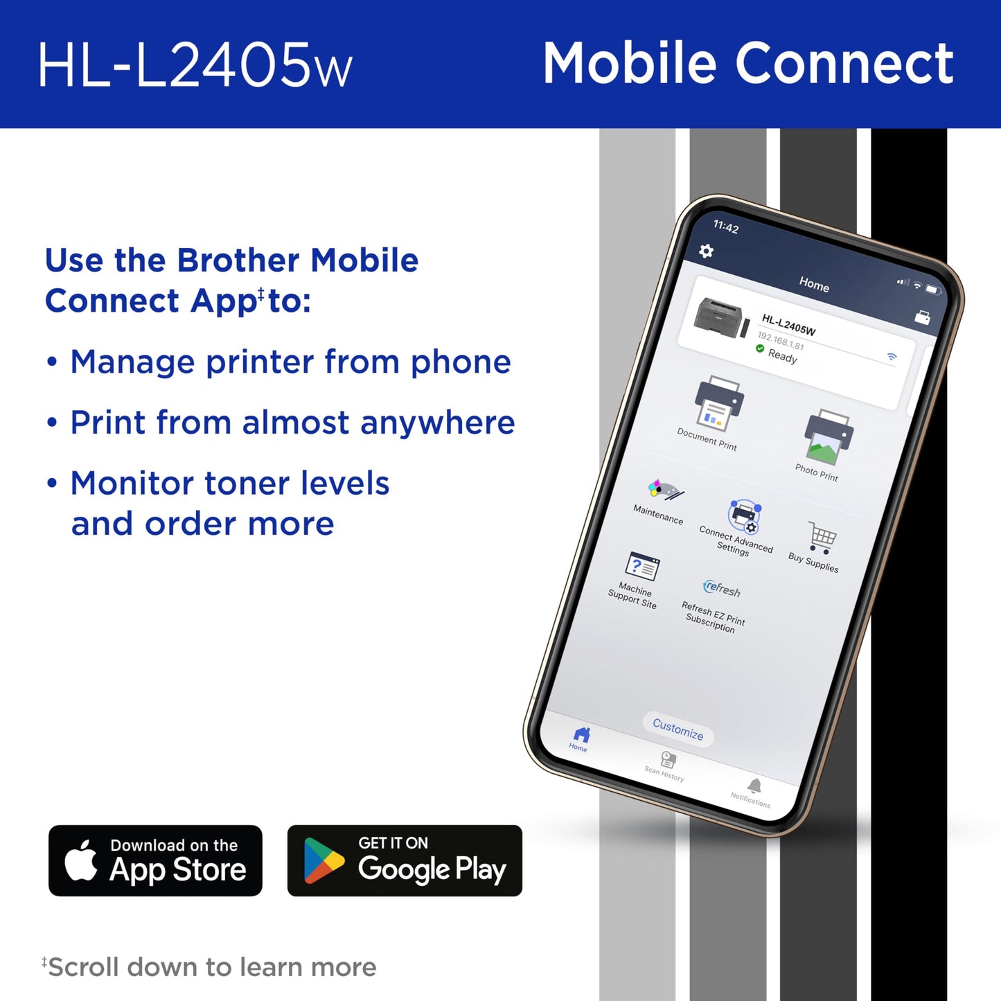 Brother HL-L2405W Wireless Compact Monochrome Laser Printer with Mobile Printing, Black & White Output | Includes Refresh Subscription Trial(1), Works