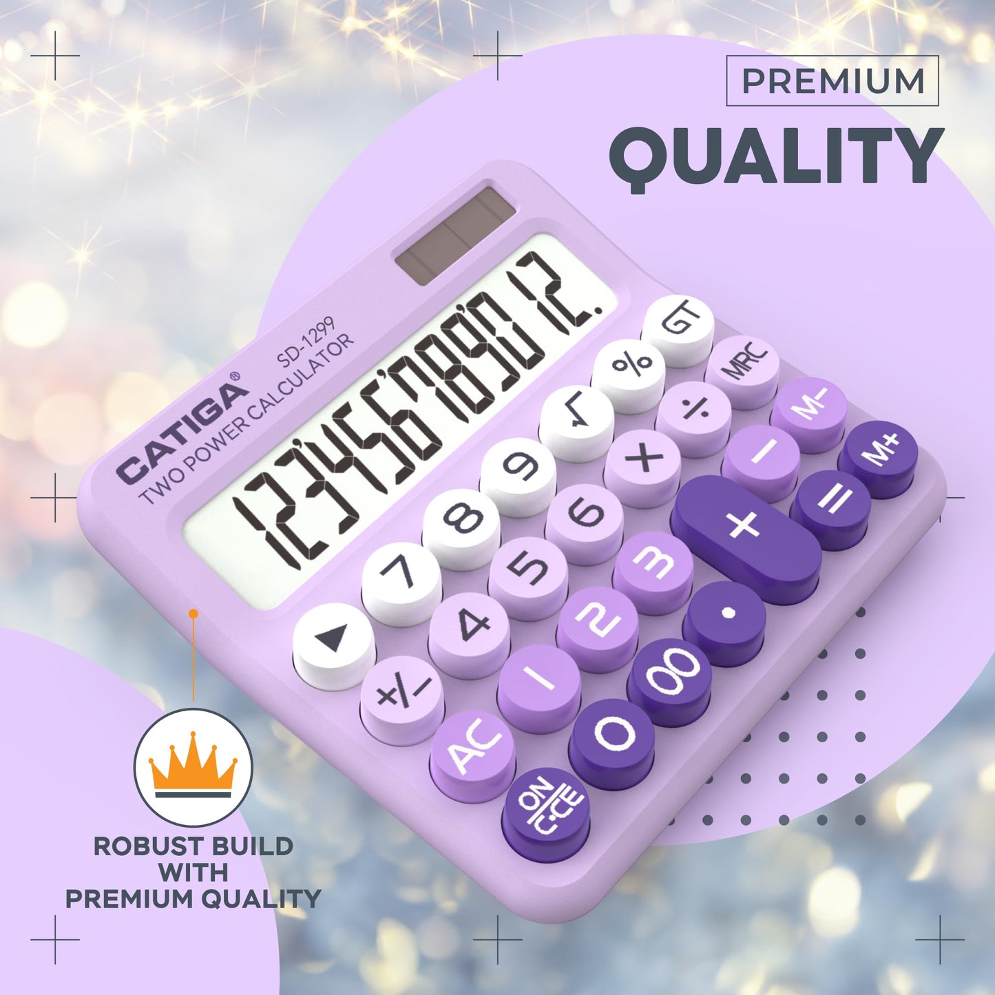 CATIGA Mechanical Switch Calculator with Solar and Battery Dual Power, 12-Digit Large LCD Display, Aesthetic and Cute Desktop Calculator with Big