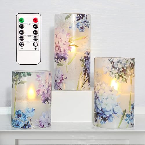GORGE MOMENT Blue Violet Hydrangea Flameless Candles LED Flicker with Remote DIM Love Theme Summer Spring Decorative Glass Decor Wedding Date Proposal