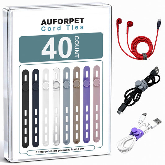 40Pcs Silicone Cable Ties Cord Organizer with Box, 8 Colors Reusable Wire Elastic Long Wrap Rope for Electronics, Travel Essentials Straps