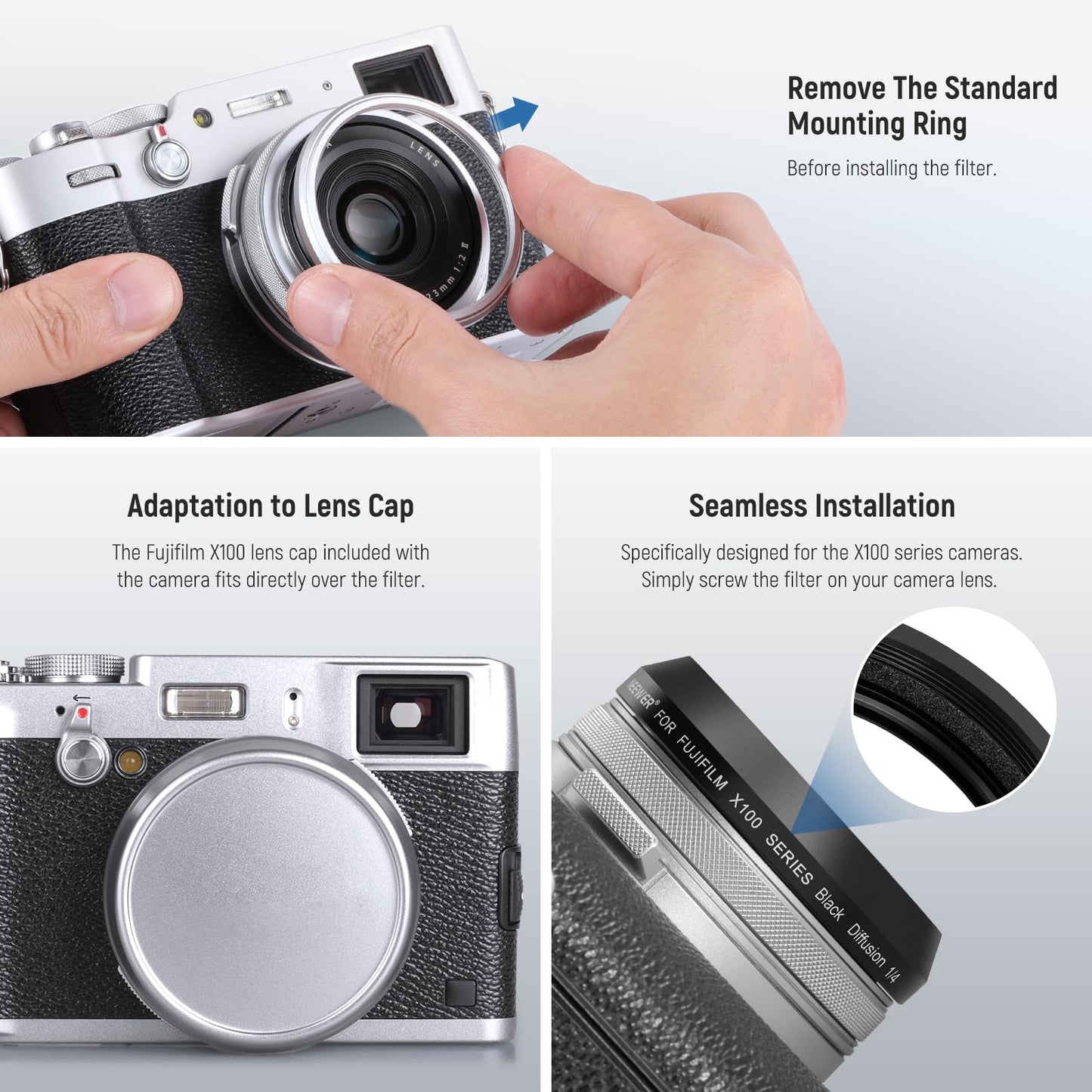NEEWER Black Diffusion 1/4 Filter, Dreamy Cinematic Effect Lens Filter for X100 Series Cameras, Multi Coated Optical Glass, for Fujifilm X100 X100S