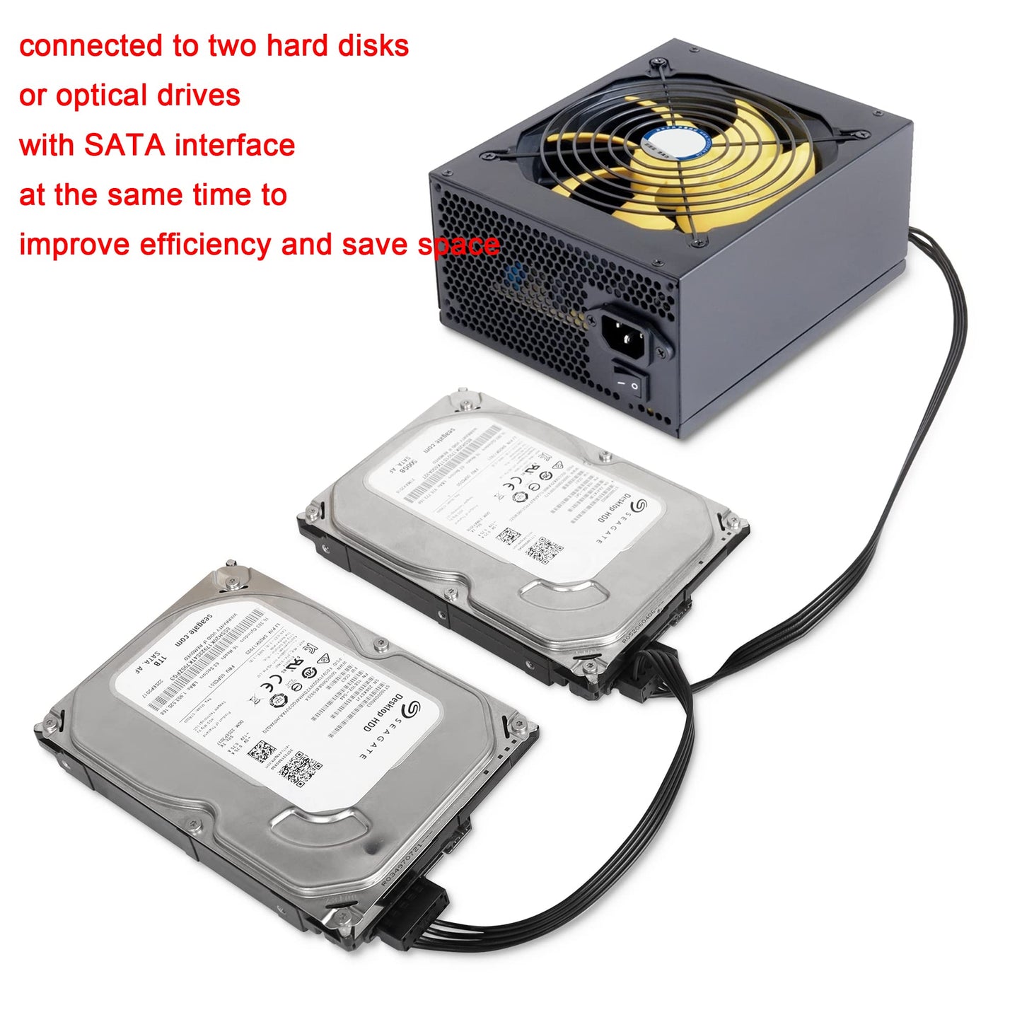 QIANRENON Mini 4-pin to 2X Right Angle SATA Hard Drive Cable 4-pin 1 to 2 SATA SSD Power Cord Extension Cable