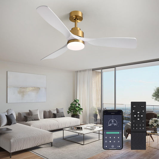 CROSSIO Modern Ceiling Fan with Lights, Gold-White, 52' x 52' x 14.8', 3 Blades, DC, Reversible, Dimmable LED, Remote Control, Indoor, 6 Speeds