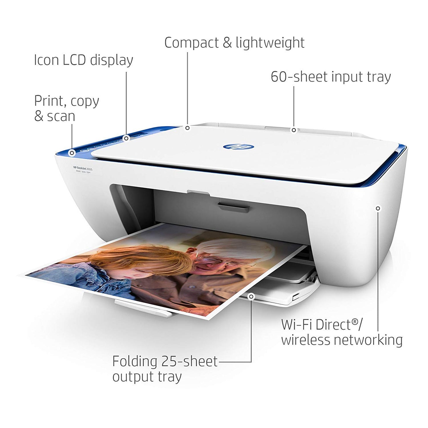 HP DeskJet 2655 All-in-One Compact Printer, Instant Ink, Works with Alexa - Noble Blue (V1N01A)