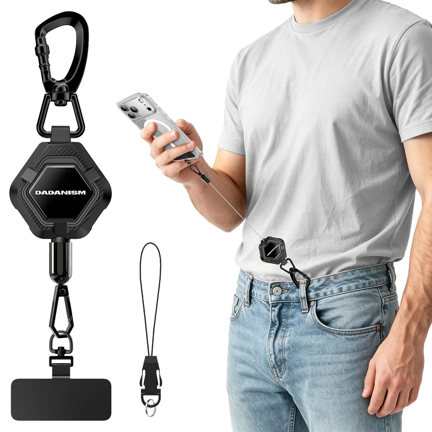 Dadanism Anti-Theft Phone Tether, Universal Phone Lanyard Retractable Steel Line Cell Phone Strap with Heavy-Duty Carabiner & 360° Rotatable Metal Tab