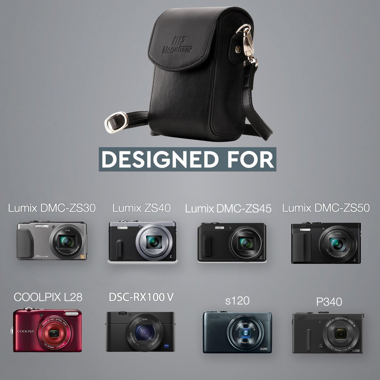 MegaGear Protective Black Leather Camera Case, Bag for for DSC-RX100 V, Panasonic Lumix DMC-ZS45, DMC-ZS50, Nikon Coolpix P340 Fix Lens, Canon