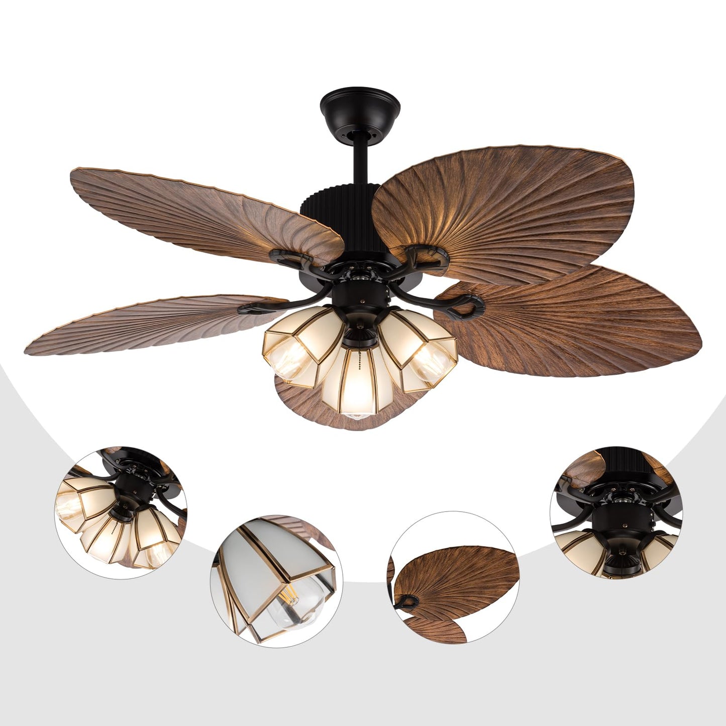AngelcityCC 52 Inch Ceiling Fan Tropical Light with Remote Control Chandelier Drawstring Switch and Palm Leaf Blade (Bronze) 110V