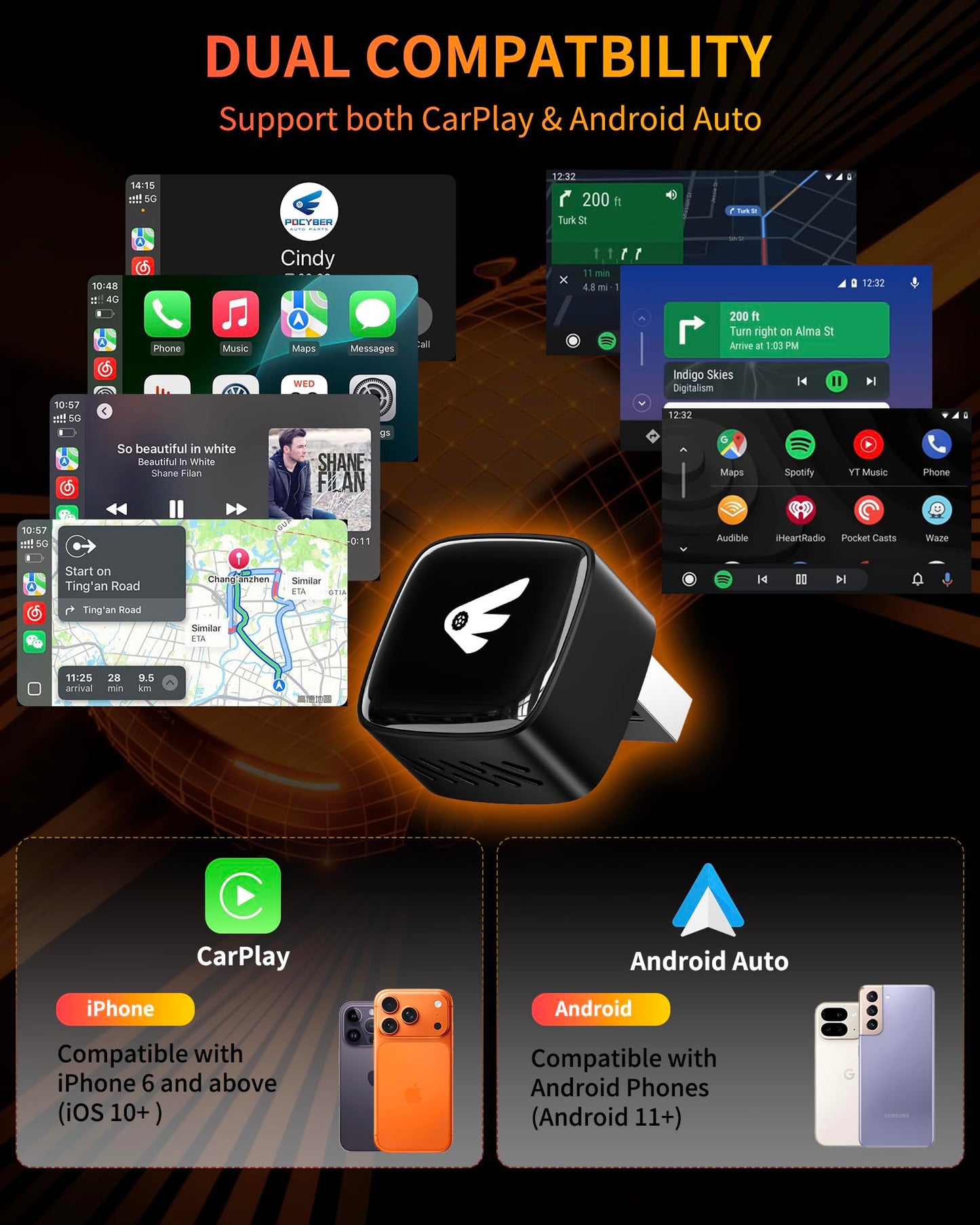Wireless CarPlay Adapter for iPhone (iOS 10+) & Android Auto Converter (Android 11+), Plug & Play Dongle for Cars 2016+, Wired to Wireless