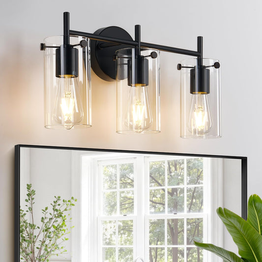 Indoi Bathroom Light Fixtures, 3-Light Matte Black Vanity Light, Black Bathroom Lights Over Mirror with Clear Glass Shade, Wall Sconces for Mirror
