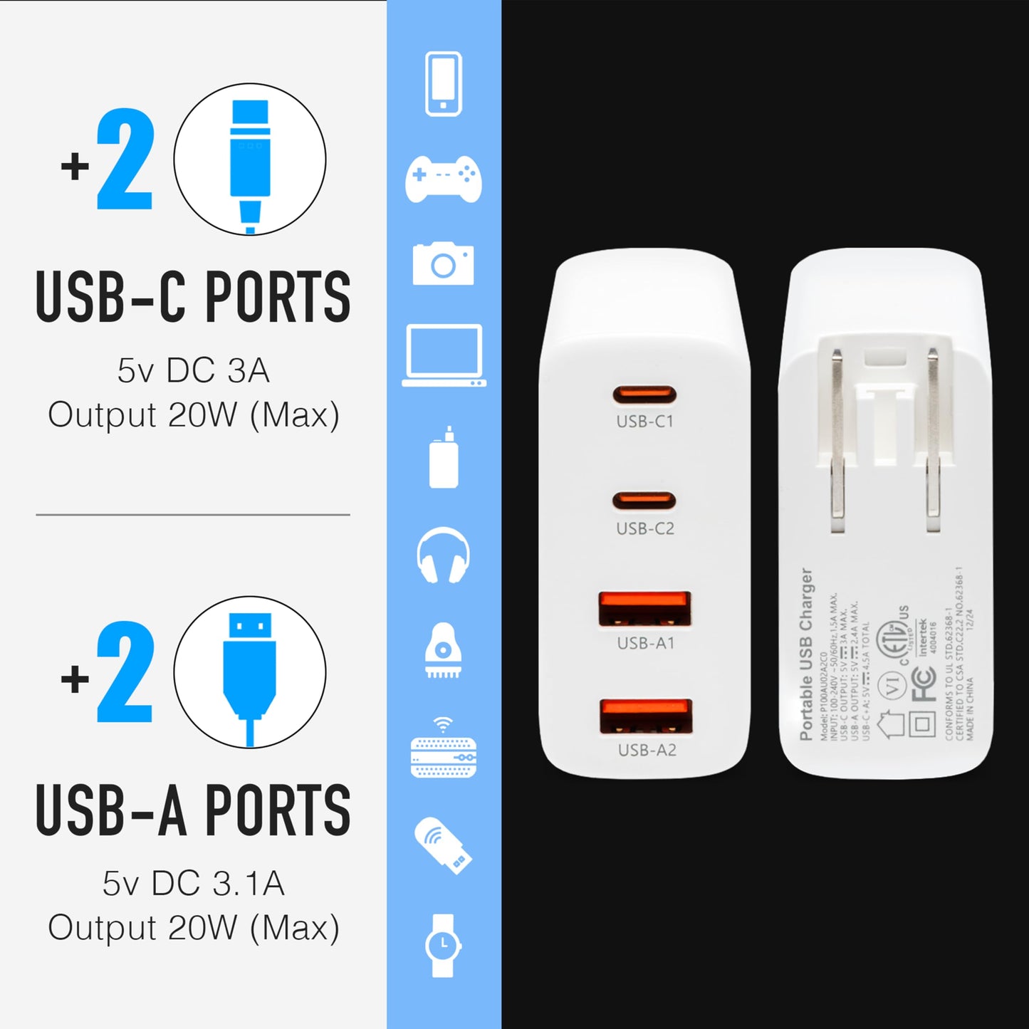 Cruise Approved Power Strip (Royal Caribbean, Disney & More) - Non Surge Charger [2 USB, 2 USB-C] 4-Port Charging Block w/Foldable Plug for iPhone