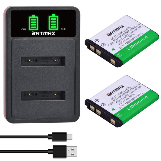 Batmax 2Pcs EN-EL10 NP-45 Li-40B Battery + Quick LED Dual Charger for Fujifilm NP 45 Nikon EN EL10 Olympus LI-42B LI-40B, Kodak KLIC-7006, Casio