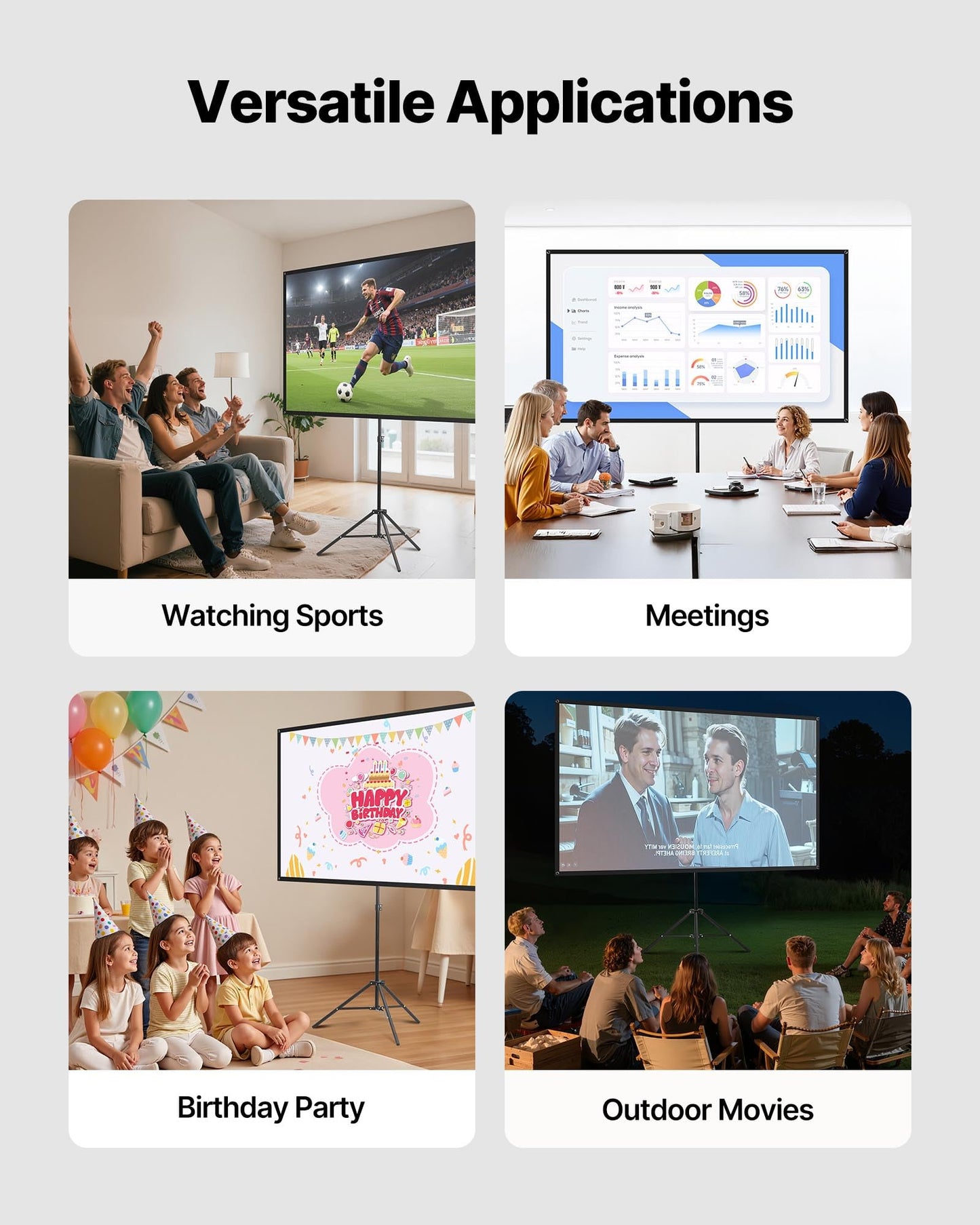 VEVOR Projector Screen with Stand, 80 Inch 160° Wide Angle Indoor Outdoor Projection Screen, 16:9 4K HD Wrinkleless Portable Tripod Screens with Carry