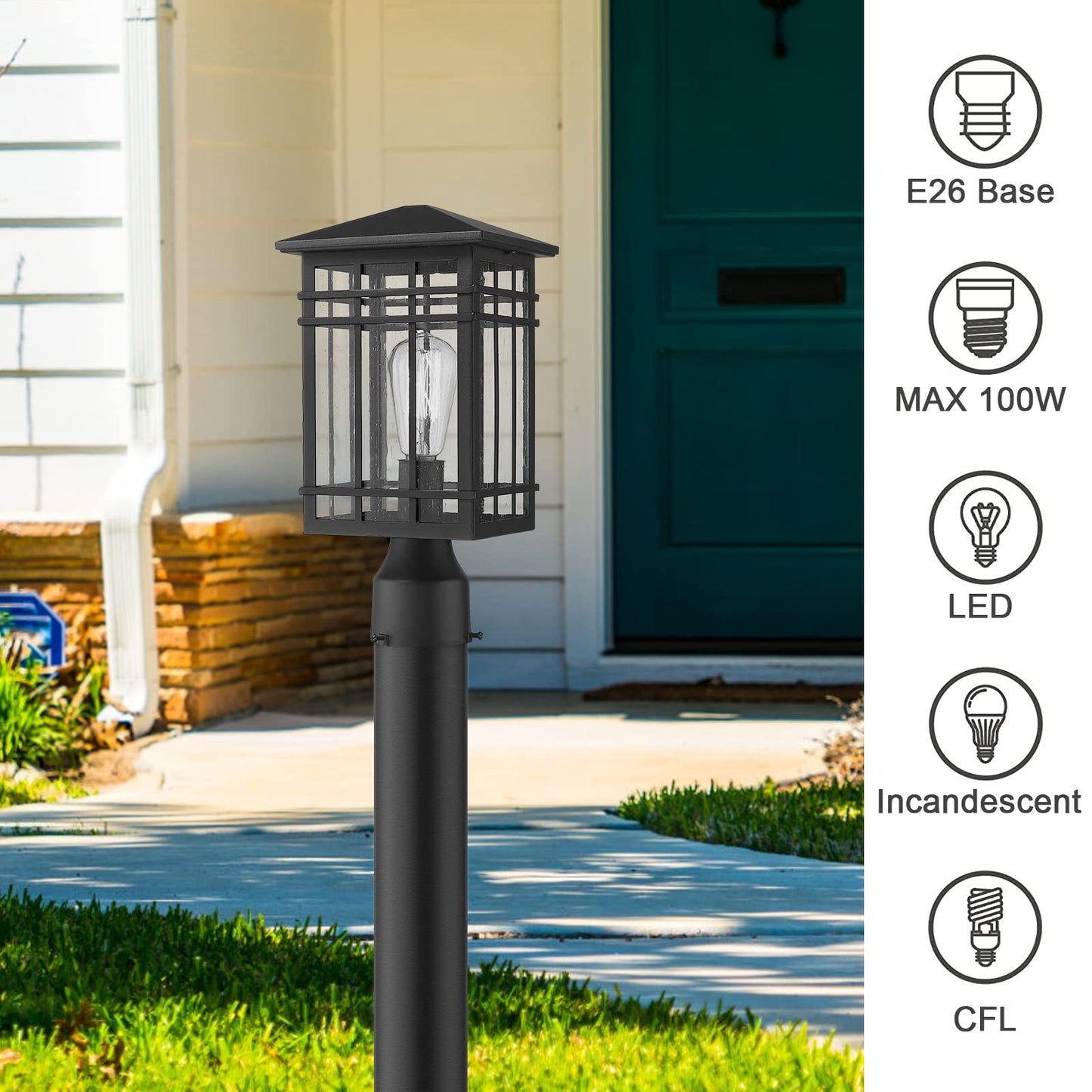 Rosient Outdoor Post Lights Fixture - Exterior Post Lantern with Seeded Glass in Black Finish - Pillar Light Ideal for Patio, Pathway, and Driveway