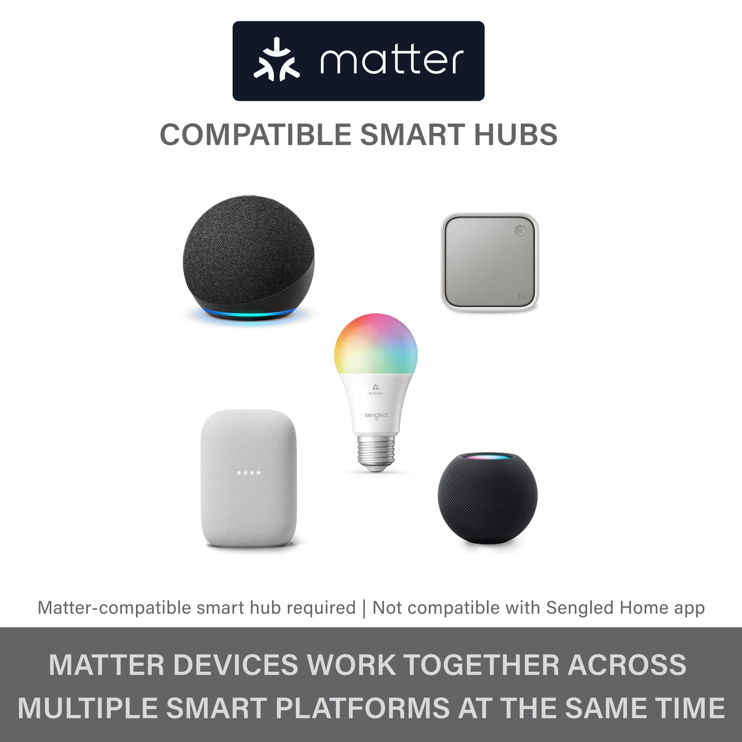 Sengled Matter LED Smart Light Bulb (A19), Multicolor, Compatible with Alexa, 60W Equivalent, 800LM, Instant Pairing, 1-Pack