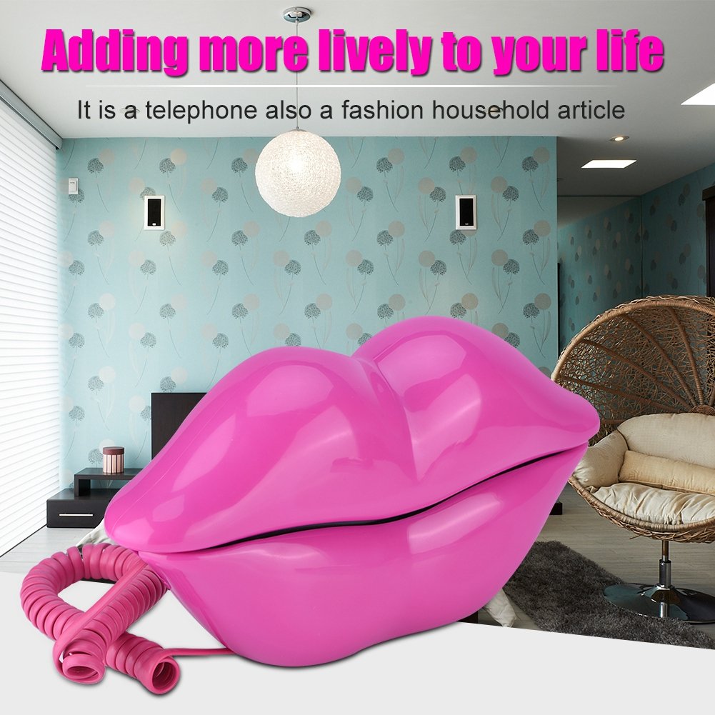 V BESTLIFE Wire Landline Phone, Funny Rose Red Lip Plastic Telephone with Multifunction for Home Decoration/Clear Calling Interesting