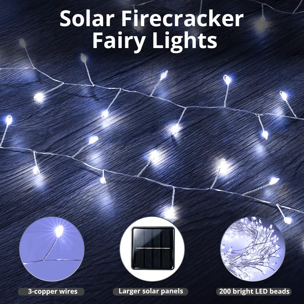 PCORES 20FT 200LED Solar String Lights, Outdoor Waterproof 8 Modes, Silver Copper Wire Firecracker Fairy Lights | Solar-Powered Decor for Patio